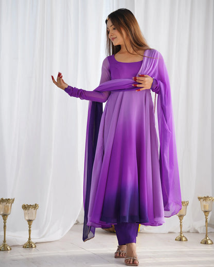 Purple With Colorful Padding Plain Georgette Gown With Dupatta