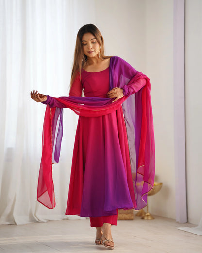 Dark Pink With Colorful Padding Plain Georgette Gown With Dupatta