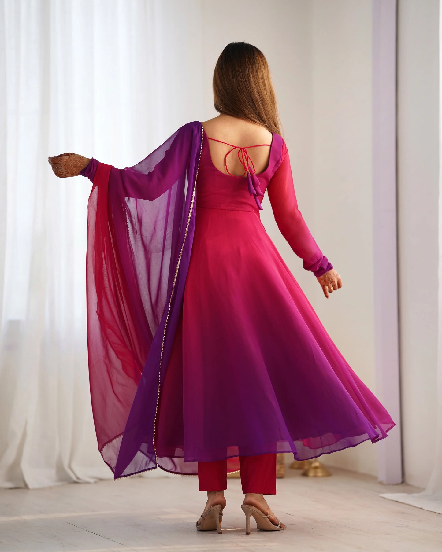 Dark Pink With Colorful Padding Plain Georgette Gown With Dupatta