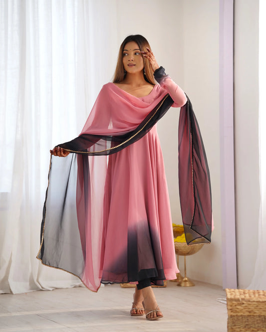Onion Pink With Colorful Padding Plain Georgette Gown With Dupatta