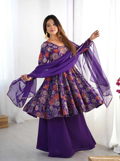 Purple Floral Print Kediya Style Kurta Set With Dupatta