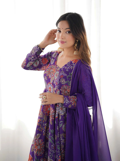 Purple Floral Print Kediya Style Kurta Set With Dupatta