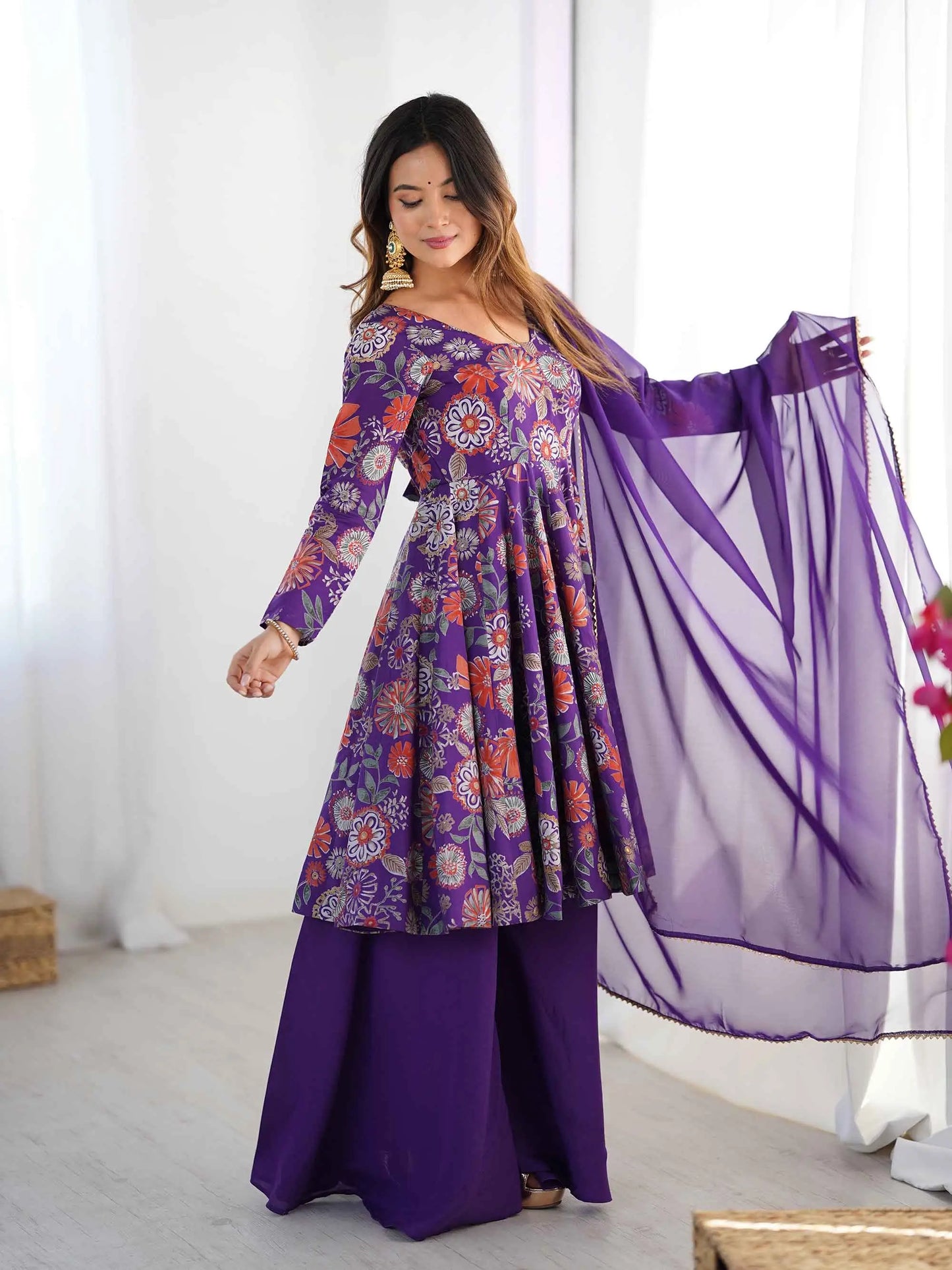 Purple Floral Print Kediya Style Kurta Set With Dupatta