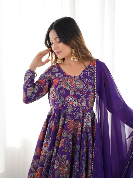 Purple Floral Print Kediya Style Kurta Set With Dupatta