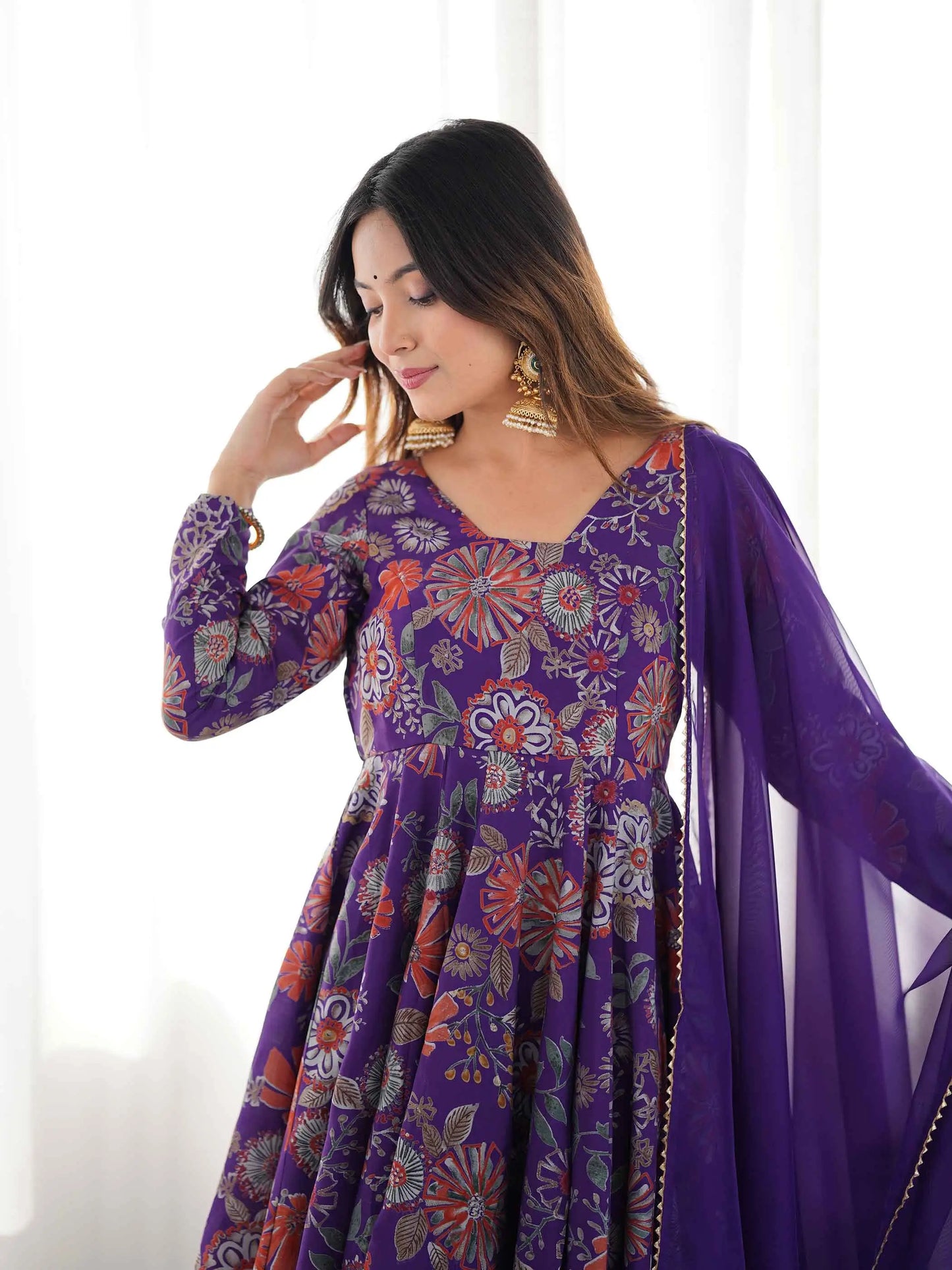 Purple Floral Print Kediya Style Kurta Set With Dupatta