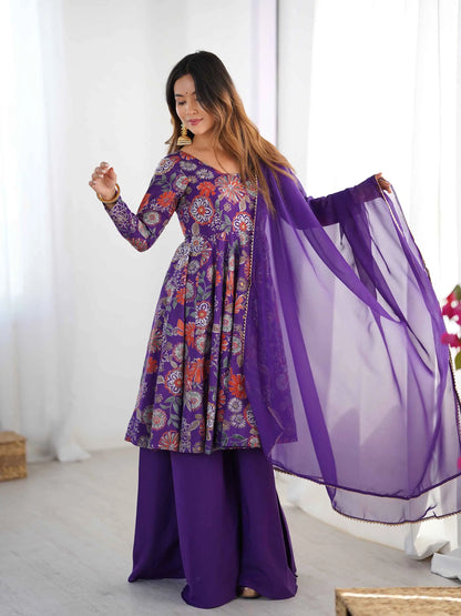 Purple Floral Print Kediya Style Kurta Set With Dupatta