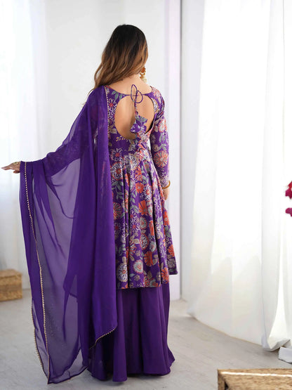 Purple Floral Print Kediya Style Kurta Set With Dupatta