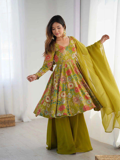 Mehndi Floral Print Kediya Style Kurta Set With Dupatta
