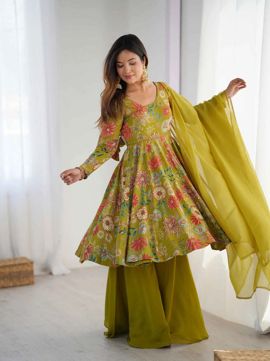 Mehndi Floral Print Kediya Style Kurta Set With Dupatta