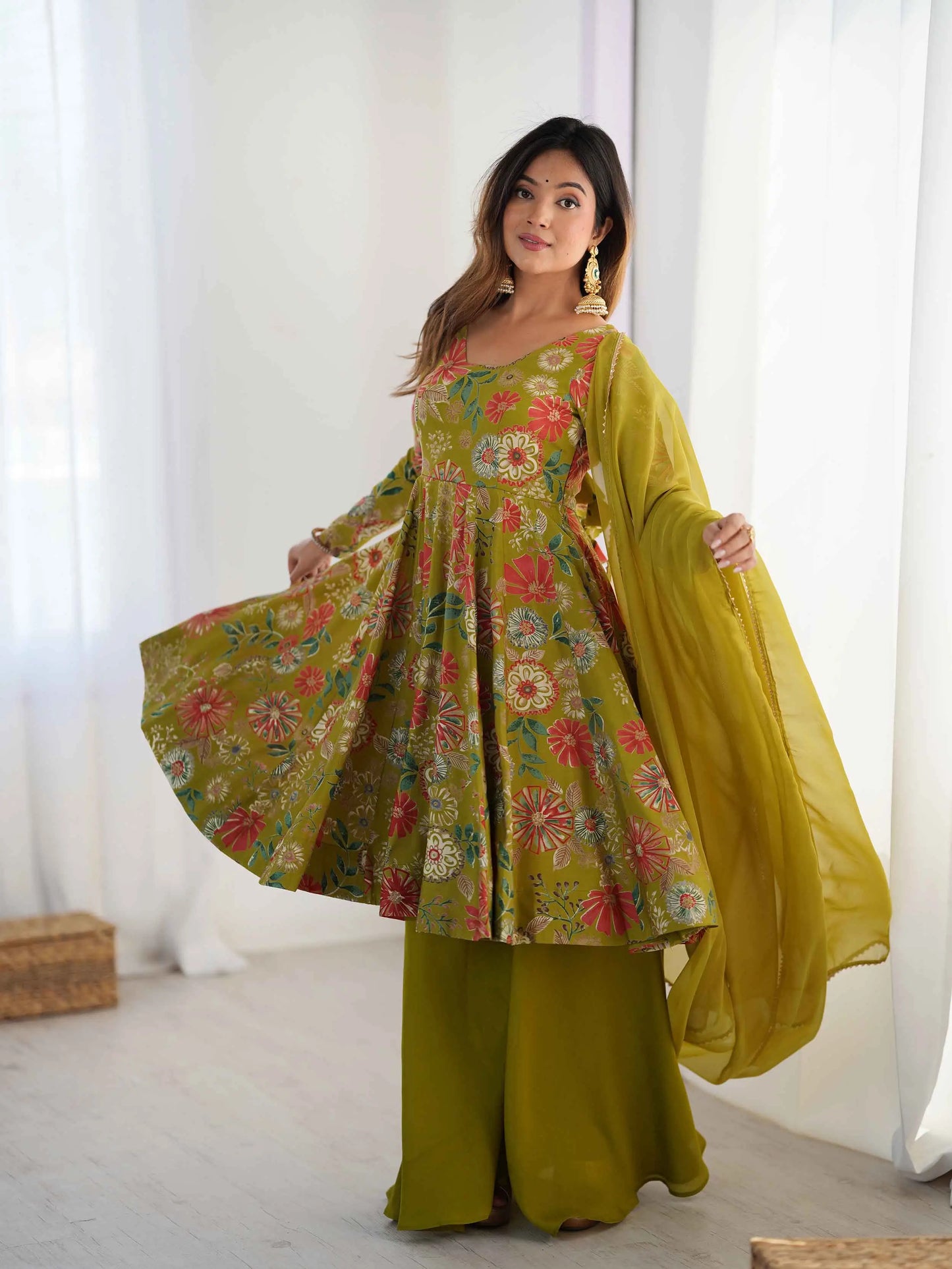 Mehndi Floral Print Kediya Style Kurta Set With Dupatta