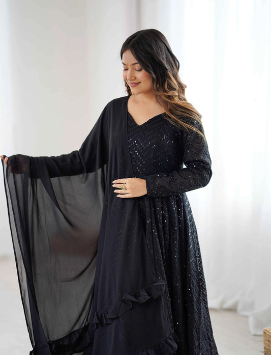 Black Lukhnowi Sequins Work Gown