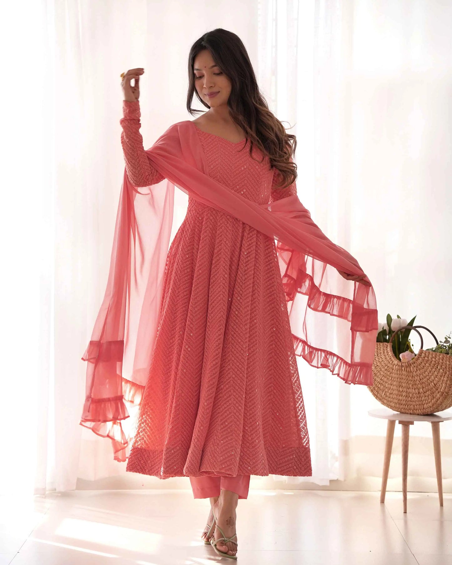 Peach Georgette lucknowi Sequins Work Gown With Ruffle Style Dupatta