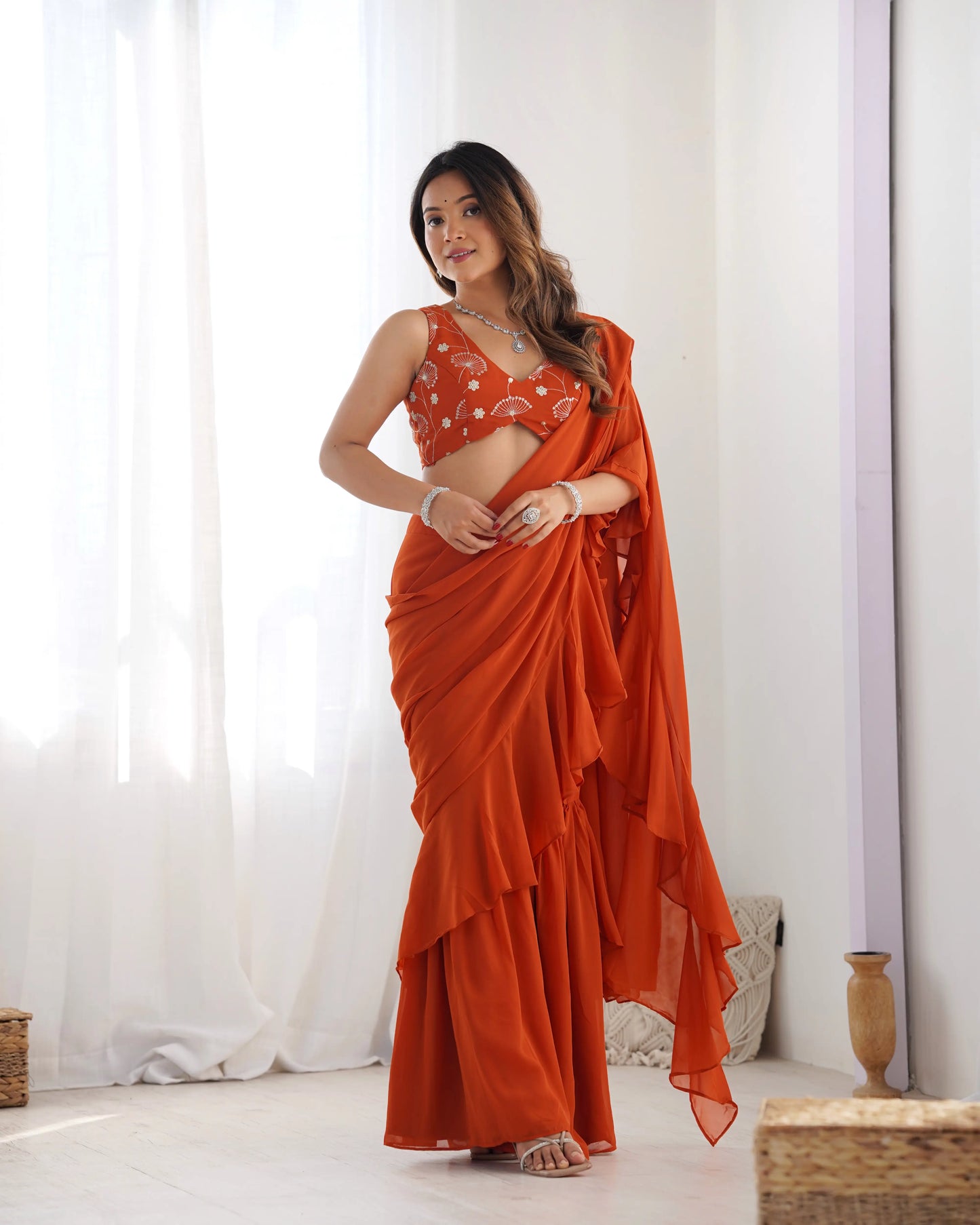 Rust Orange Georgette Ready To Wear Sharara Saree