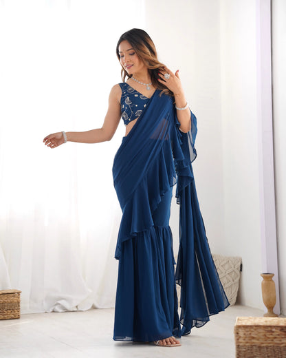 Teal Blue Georgette Ready To Wear Sharara Saree