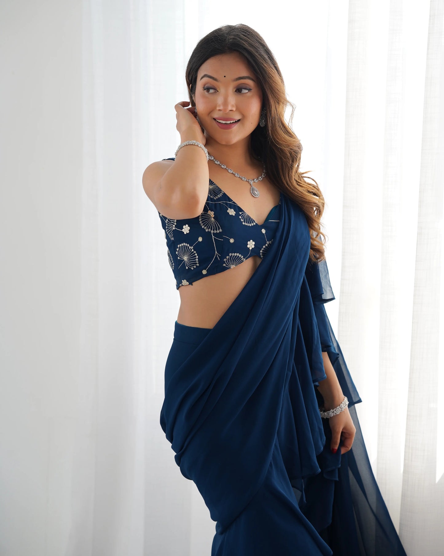 Teal Blue Georgette Ready To Wear Sharara Saree