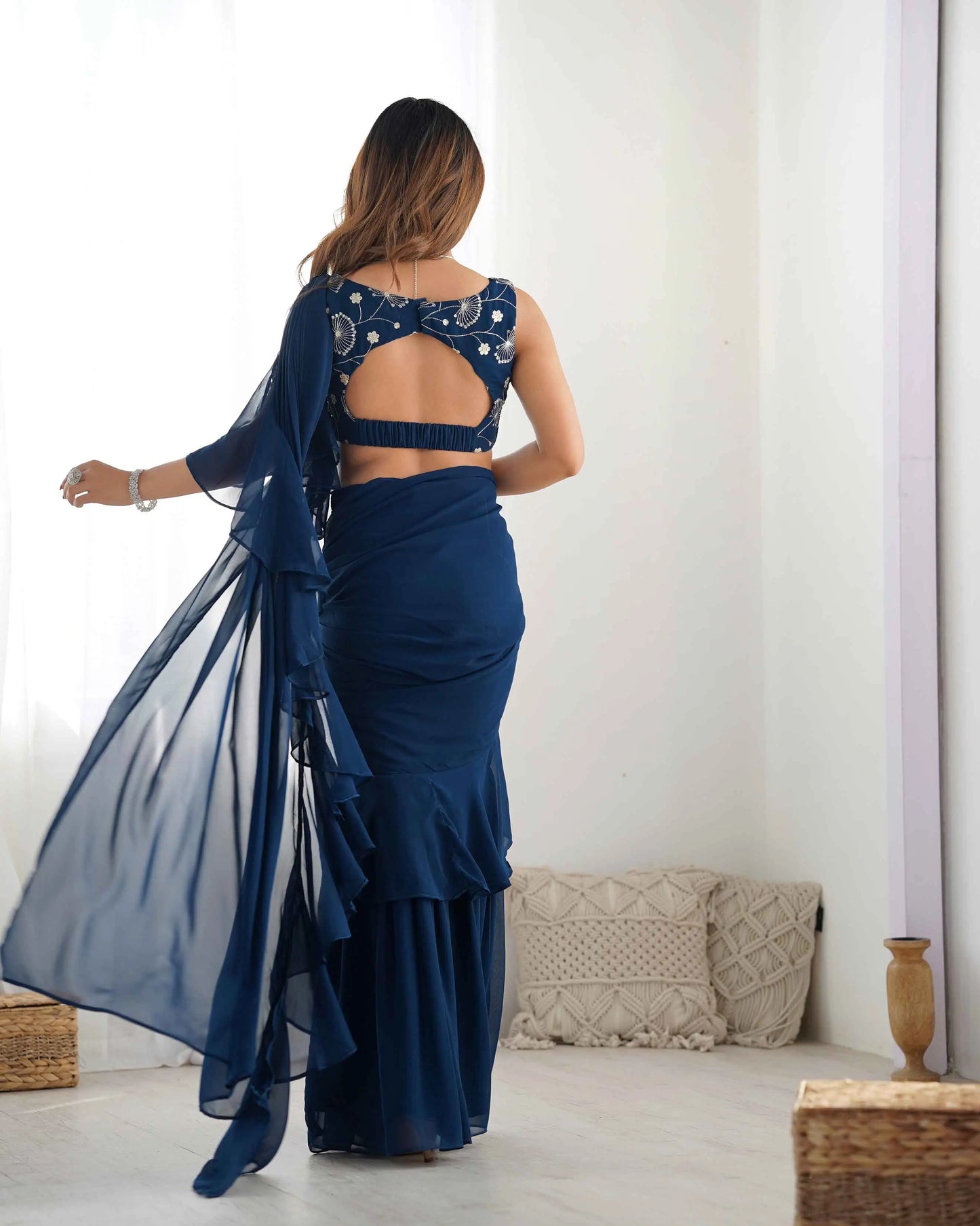 Teal Blue Georgette Ready To Wear Sharara Saree