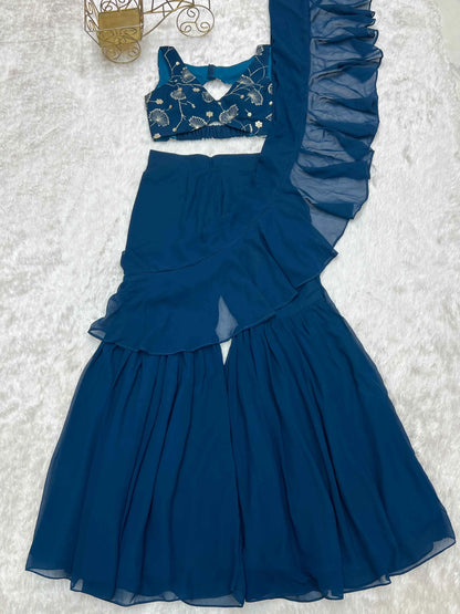 Teal Blue Georgette Ready To Wear Sharara Saree