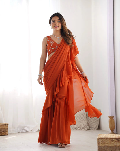 Rust Orange Georgette Ready To Wear Sharara Saree
