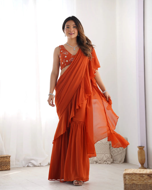 Rust Orange Georgette Ready To Wear Sharara Saree
