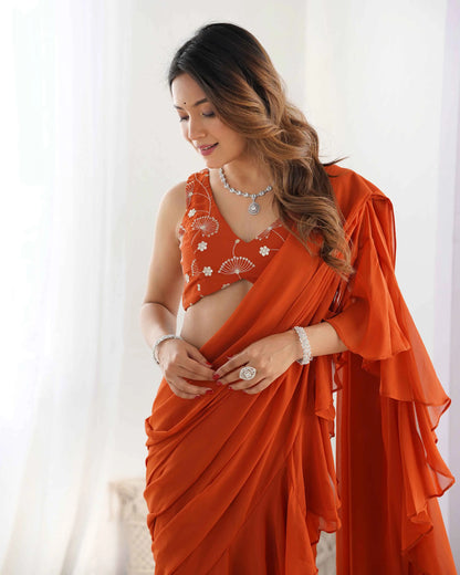 Rust Orange Georgette Ready To Wear Sharara Saree