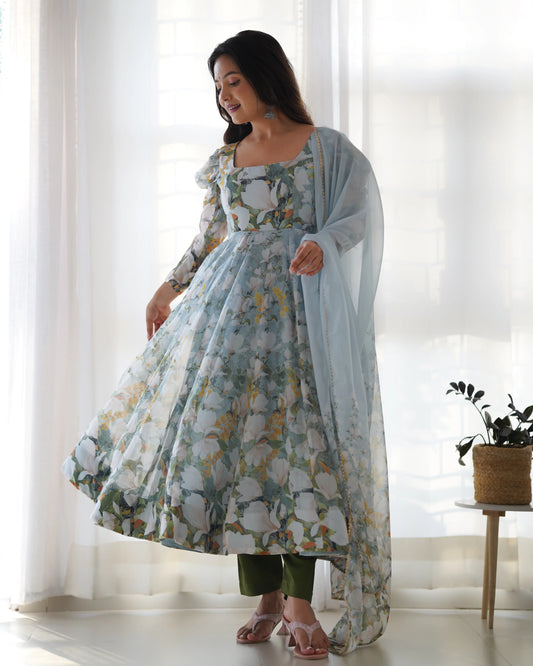 Regent Grey Floral Print Organza Silk Anarkali Gown And Dupatta