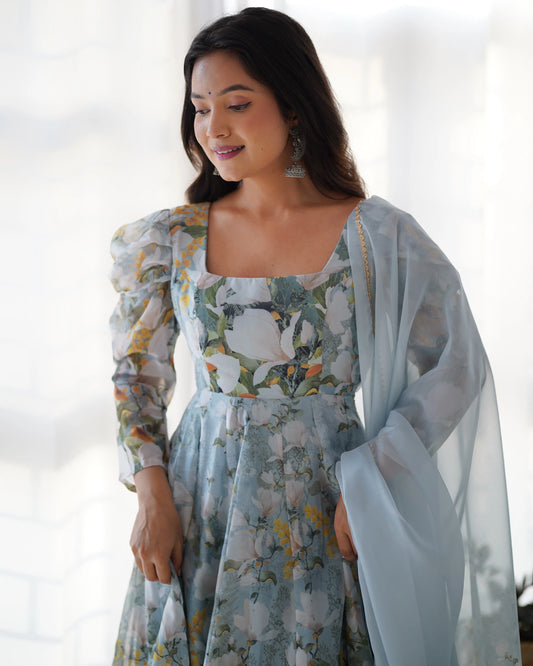Regent Grey Floral Print Organza Silk Anarkali Gown And Dupatta