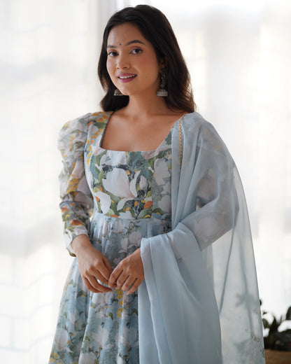 Regent Grey Floral Print Organza Silk Anarkali Gown And Dupatta