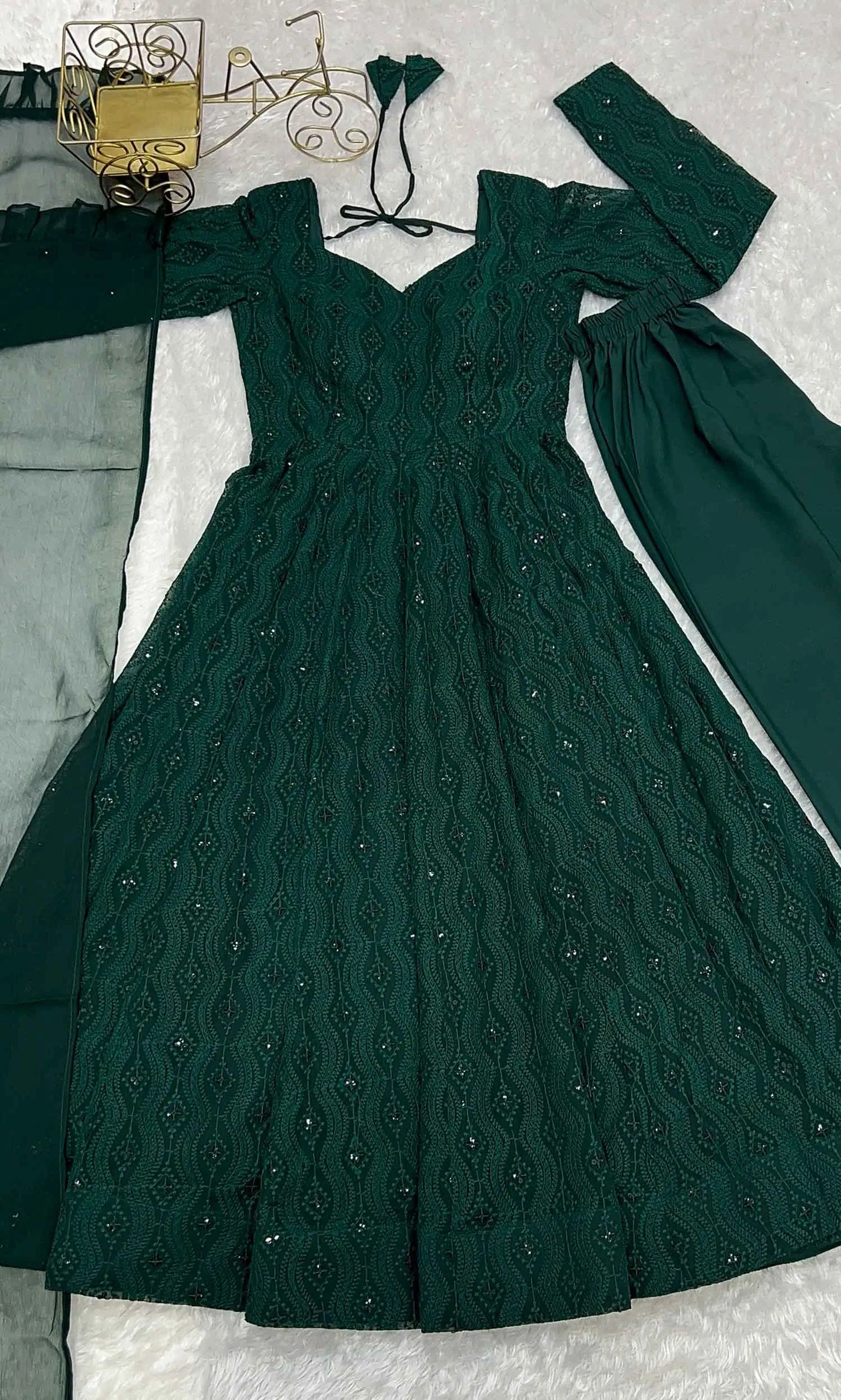 Dark Green Lukhnowi Work Georgette Gown With Ruffle Style Dupatta