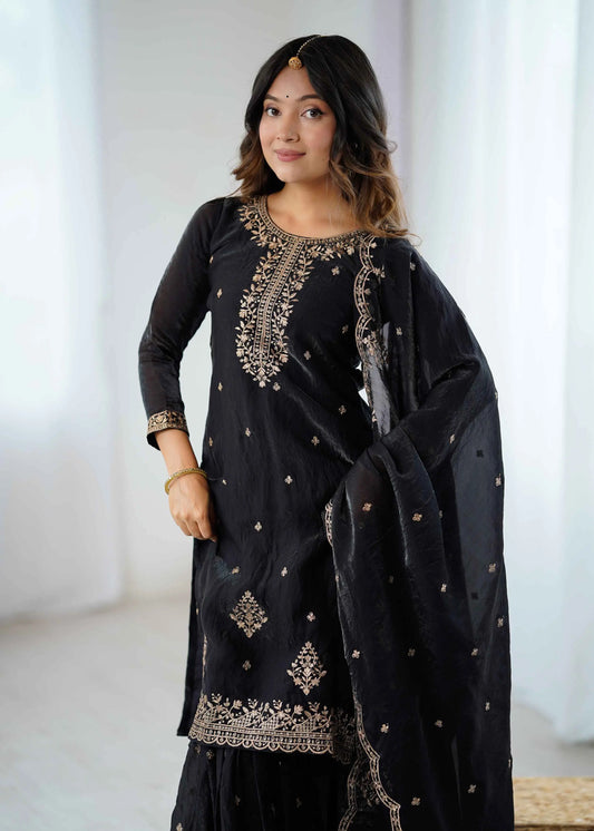 Shiny Black Zari Embroidery Work Sharara Set