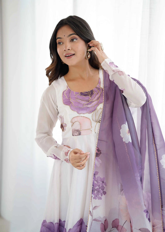 Dusky Purple Floral Print Organza Gown