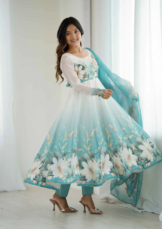 Sky Blue Floral Print Organza Gown