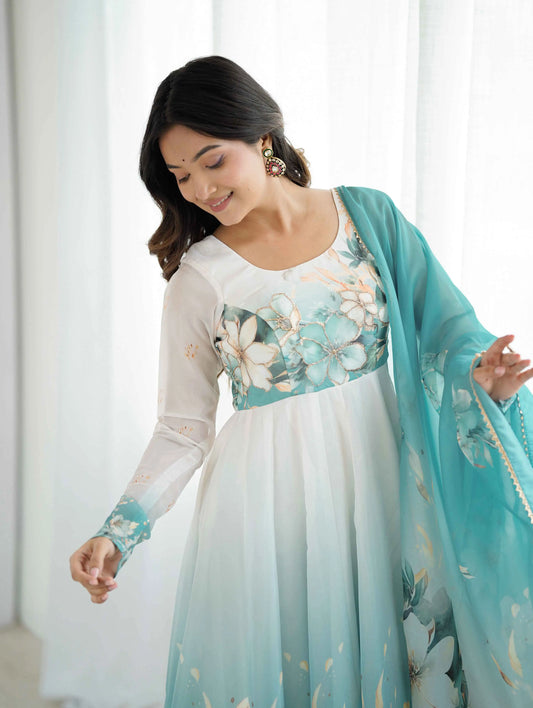 Sky Blue Floral Print Organza Gown