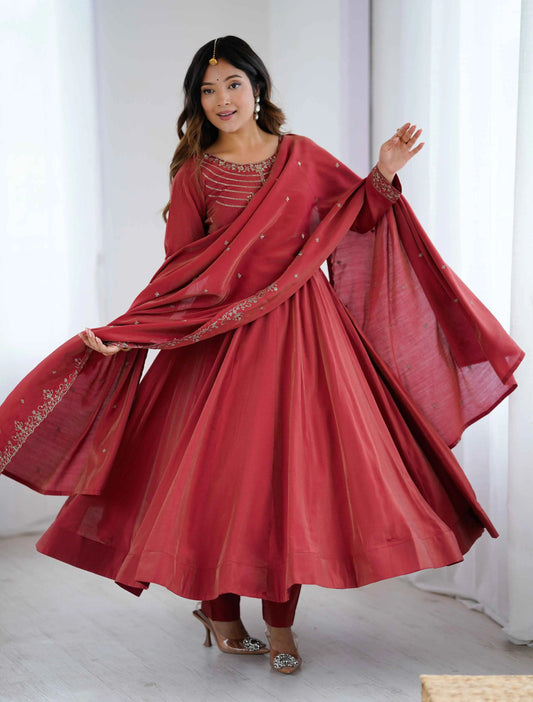 Dusty Red Silk Gown With Beads Hand Work