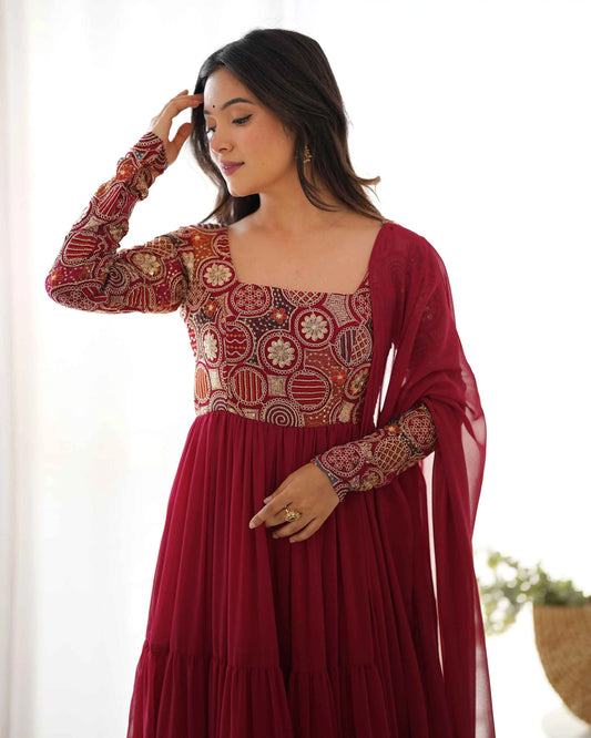 Designer Maroon Georgette Embroidery Gown