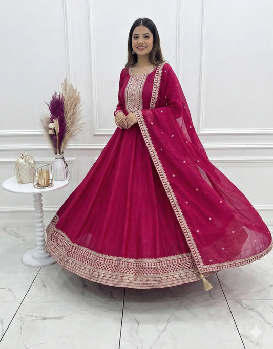 Rani Pink Silk Embroidery Work Gown