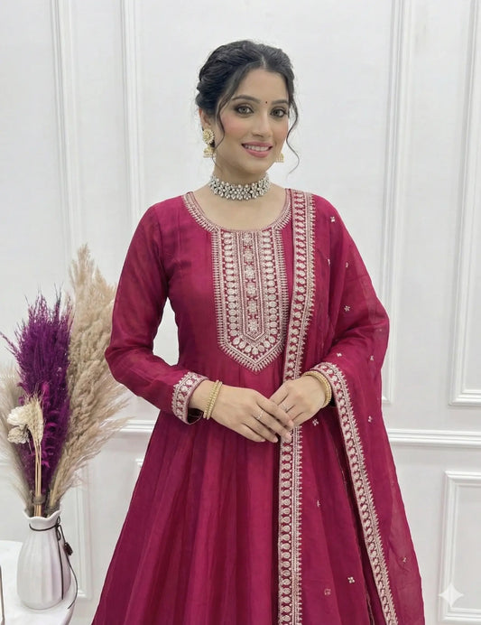 Rani Pink Silk Embroidery Work Gown