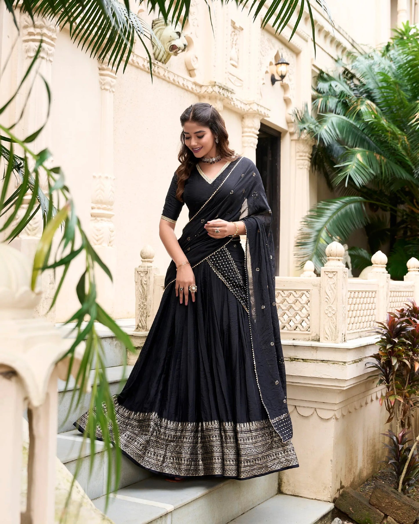 Black Chanderi Silk Lehenga Choli With Zari Weaving Work