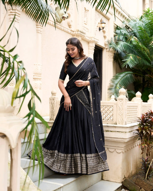 Black Chanderi Silk Lehenga Choli With Zari Weaving Work