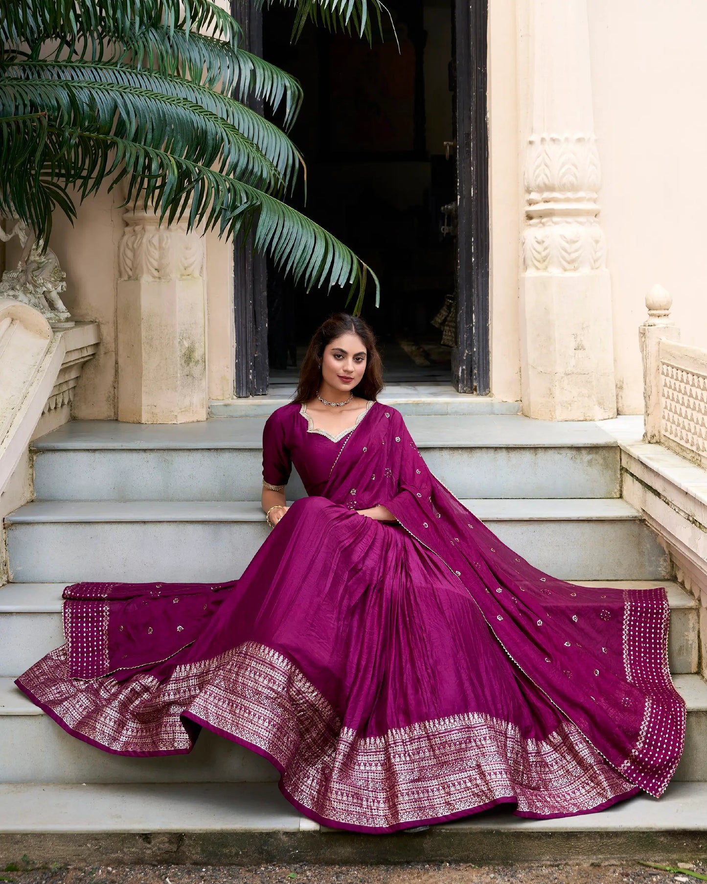 Wine Chanderi Silk Lehenga Choli With Zari Weaving Work