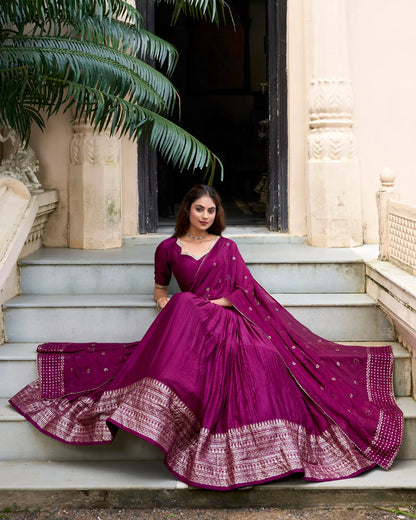Wine Chanderi Silk Lehenga Choli With Zari Weaving Work