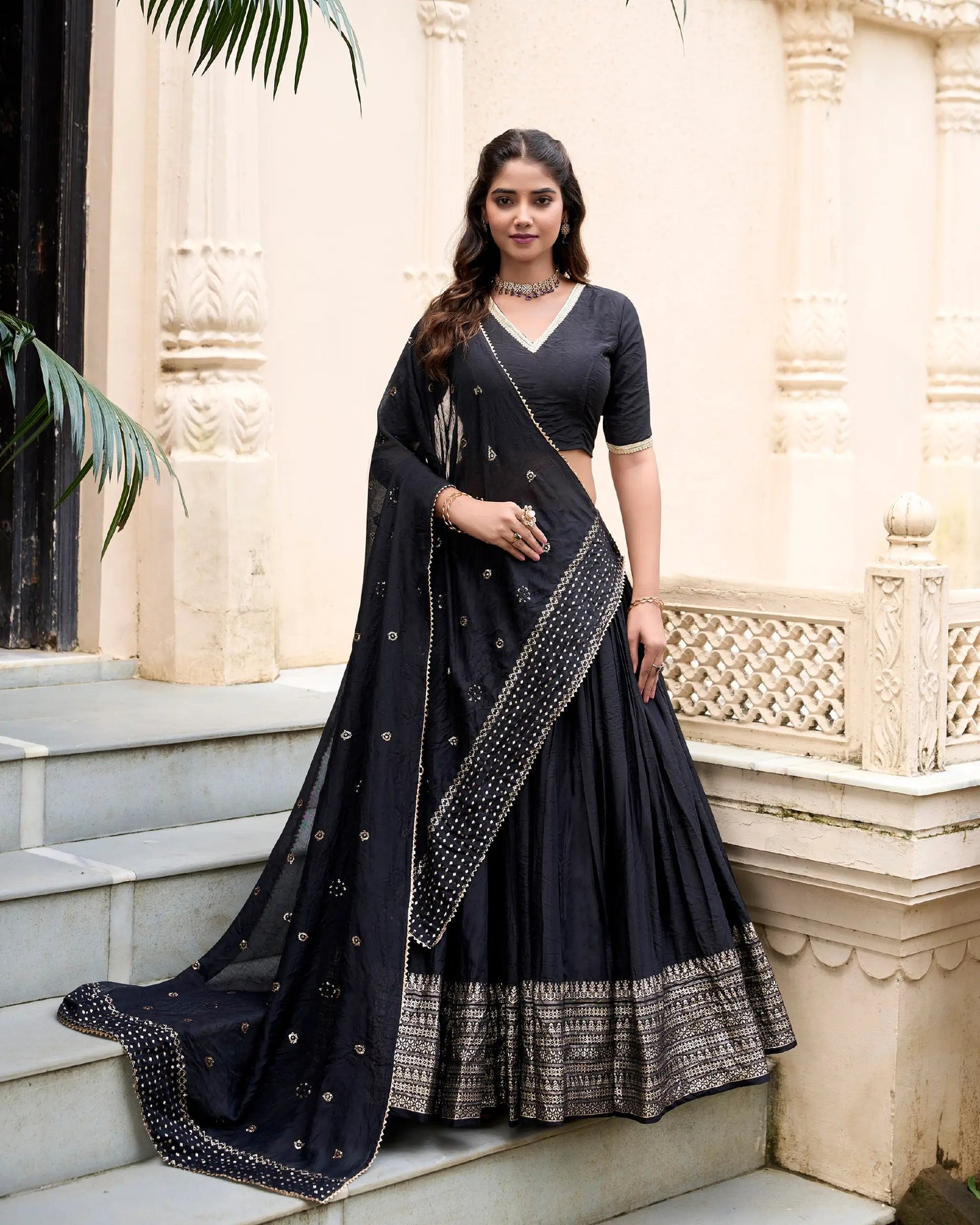 Black Chanderi Silk Lehenga Choli With Zari Weaving Work