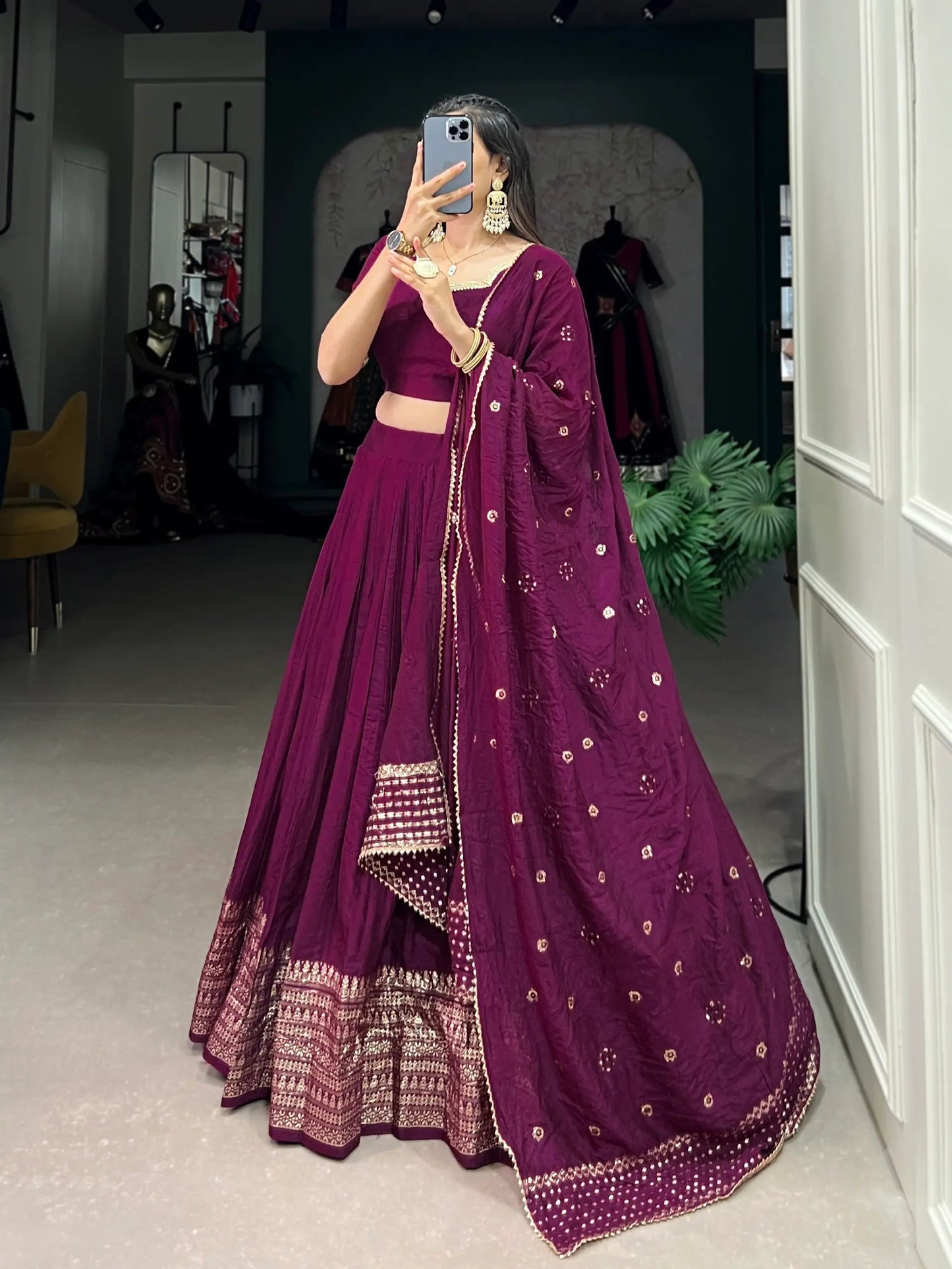 Wine Chanderi Silk Lehenga Choli With Zari Weaving Work