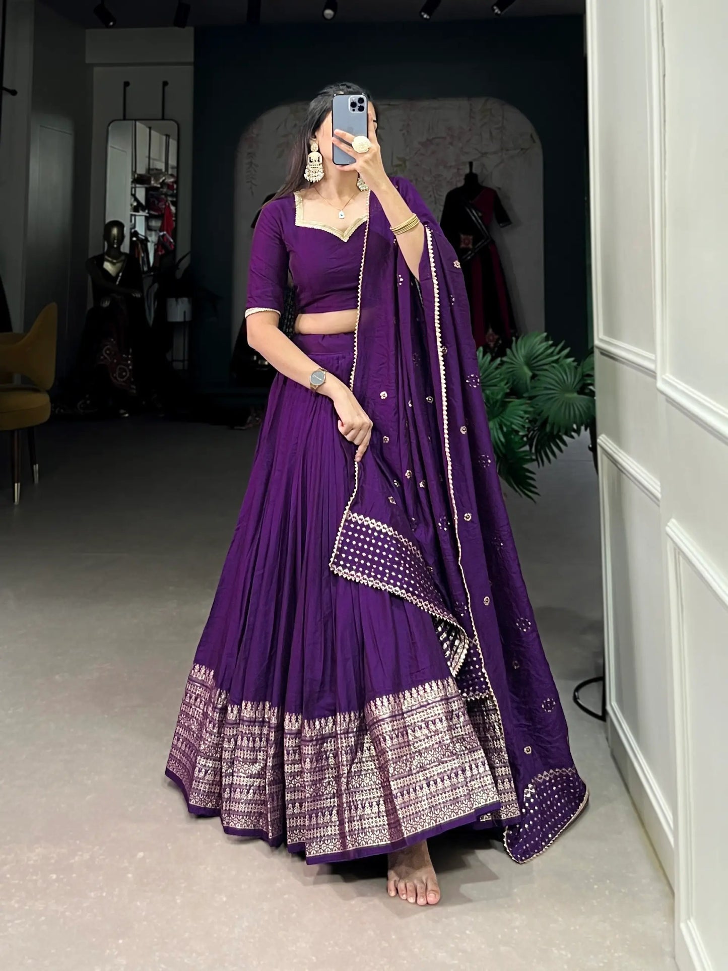 Dark Purple Chanderi Silk Lehenga Choli With Zari Weaving Work