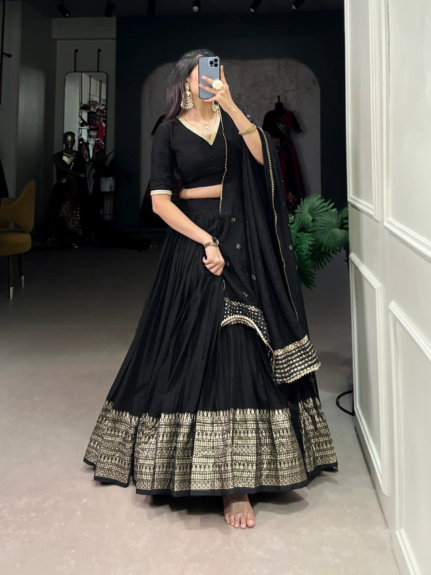 Black Chanderi Silk Lehenga Choli With Zari Weaving Work