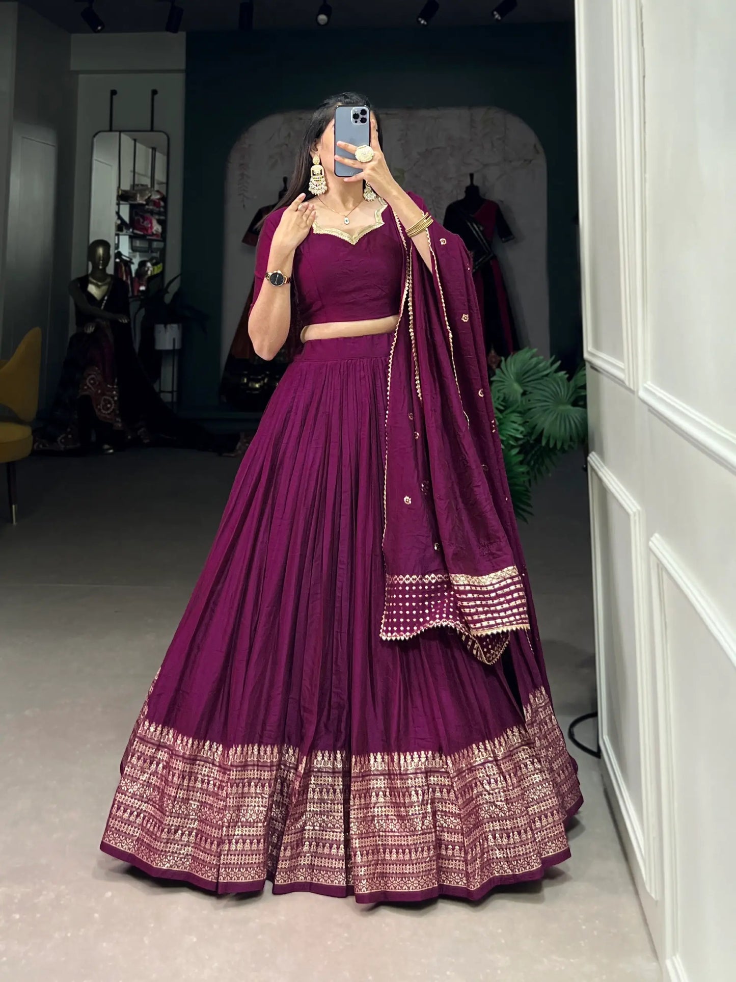 Wine Chanderi Silk Lehenga Choli With Zari Weaving Work