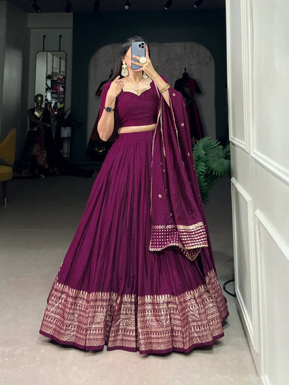 Wine Chanderi Silk Lehenga Choli With Zari Weaving Work