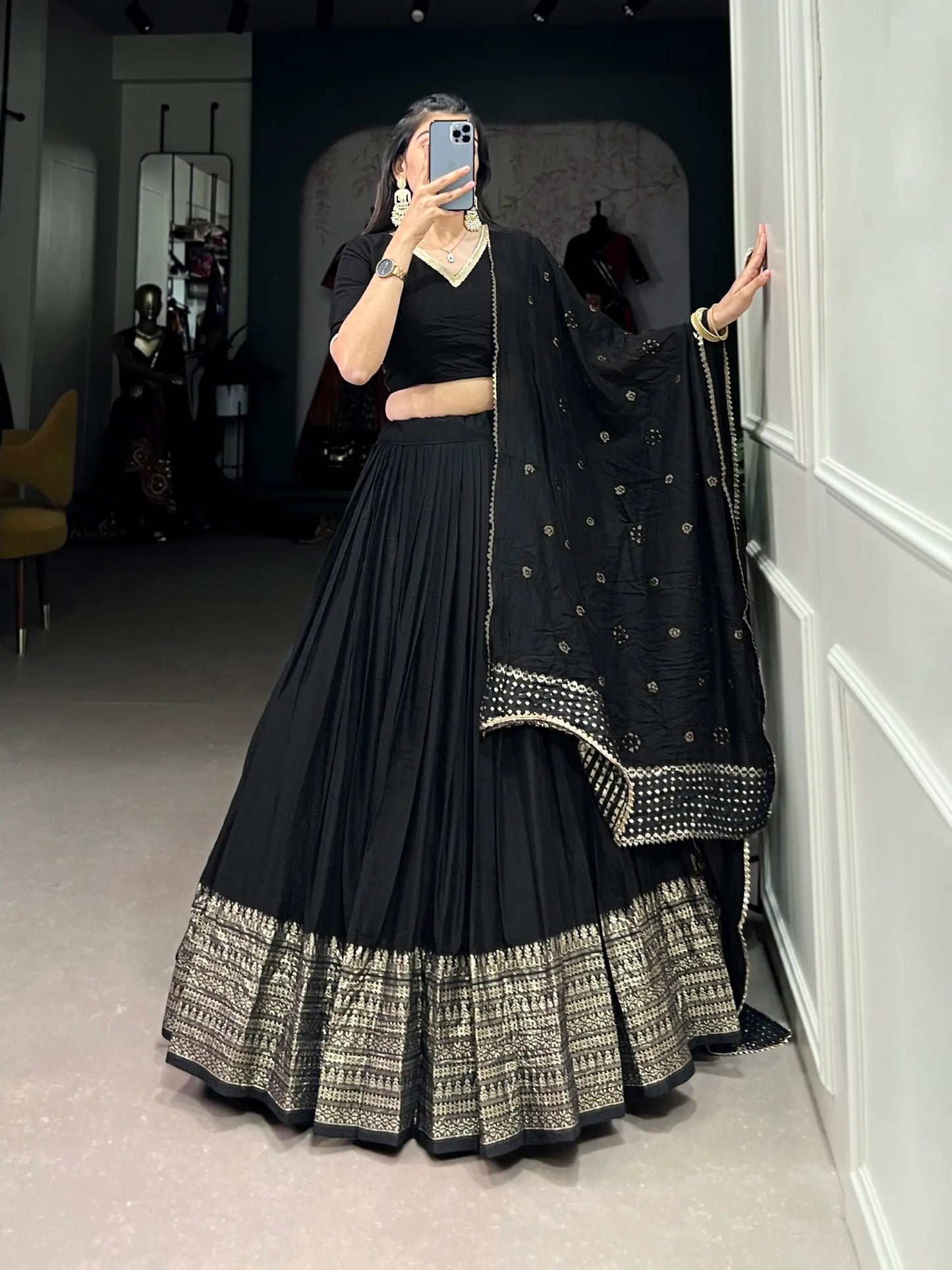 Black Chanderi Silk Lehenga Choli With Zari Weaving Work
