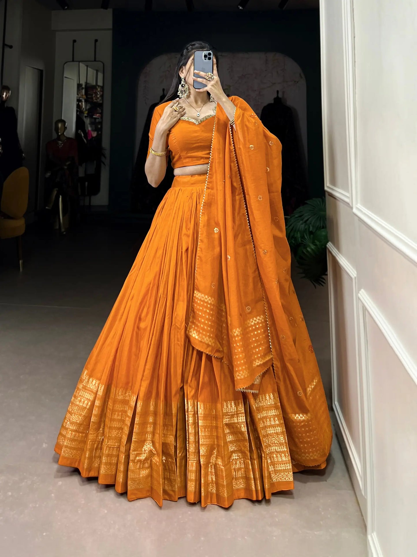 Orange Chanderi Silk Lehenga Choli With Zari Weaving Work