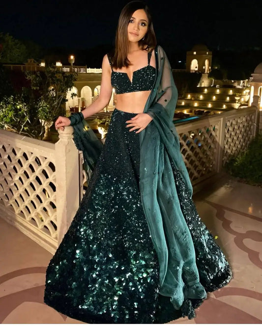 Green Georgette Sequins Embroidery Lehenga Choli