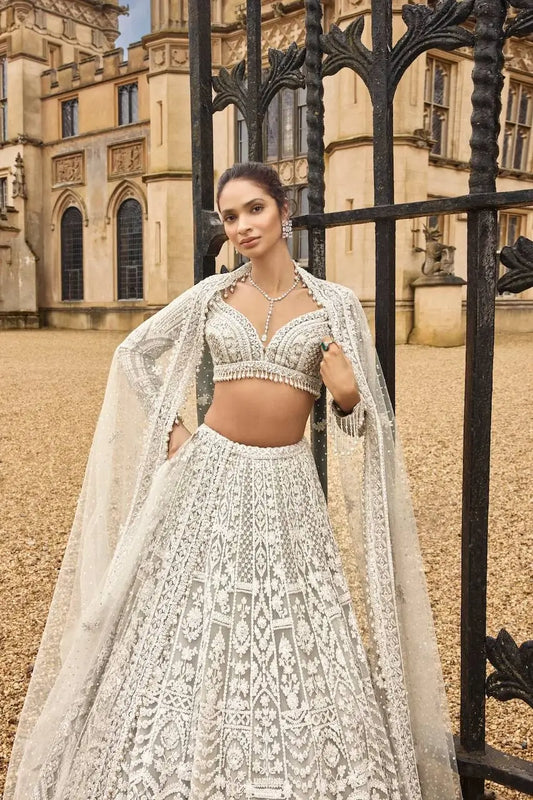 White Net Lehenga Choli With Thread, Sequence & Dori Work
